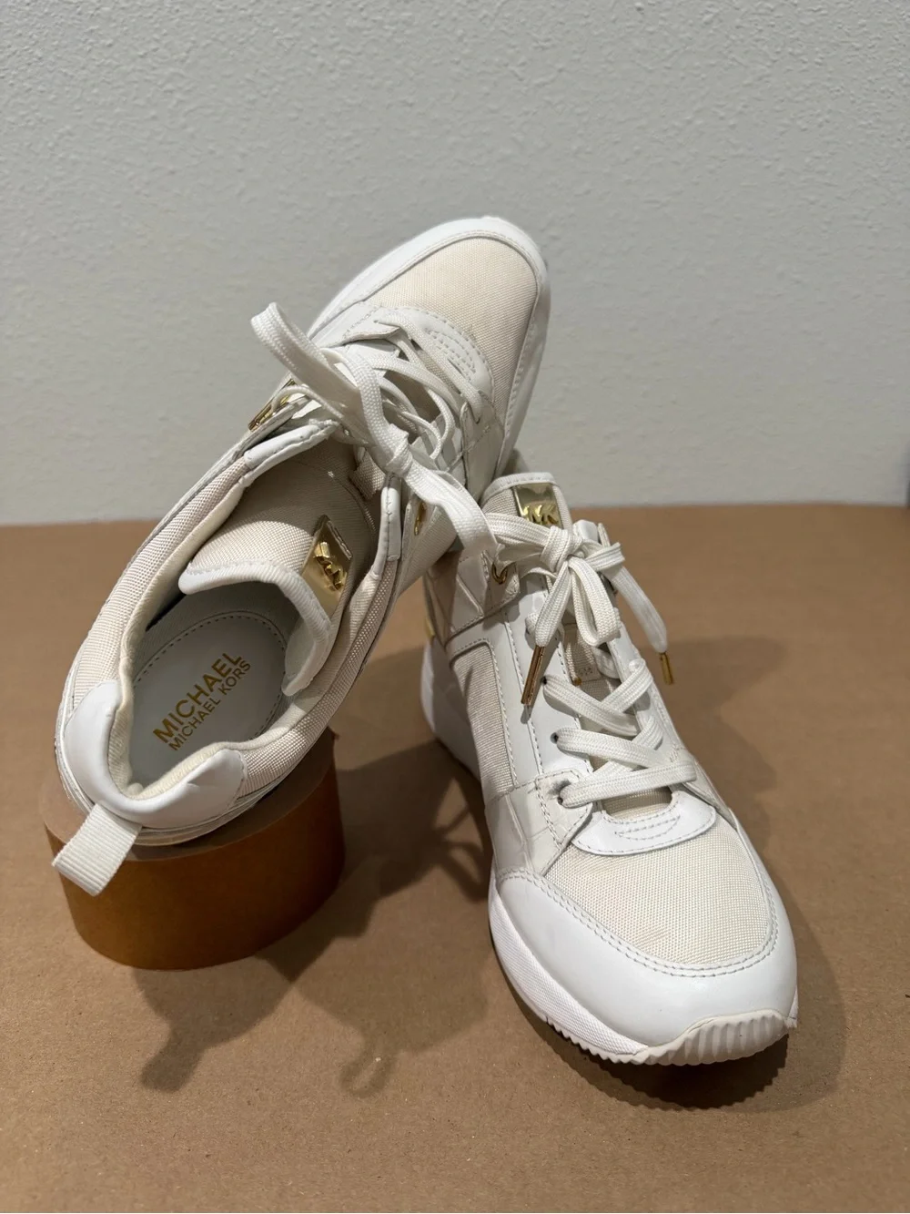 Michael Kors Cream and Gold Wedge Lace-Up Sneakers
